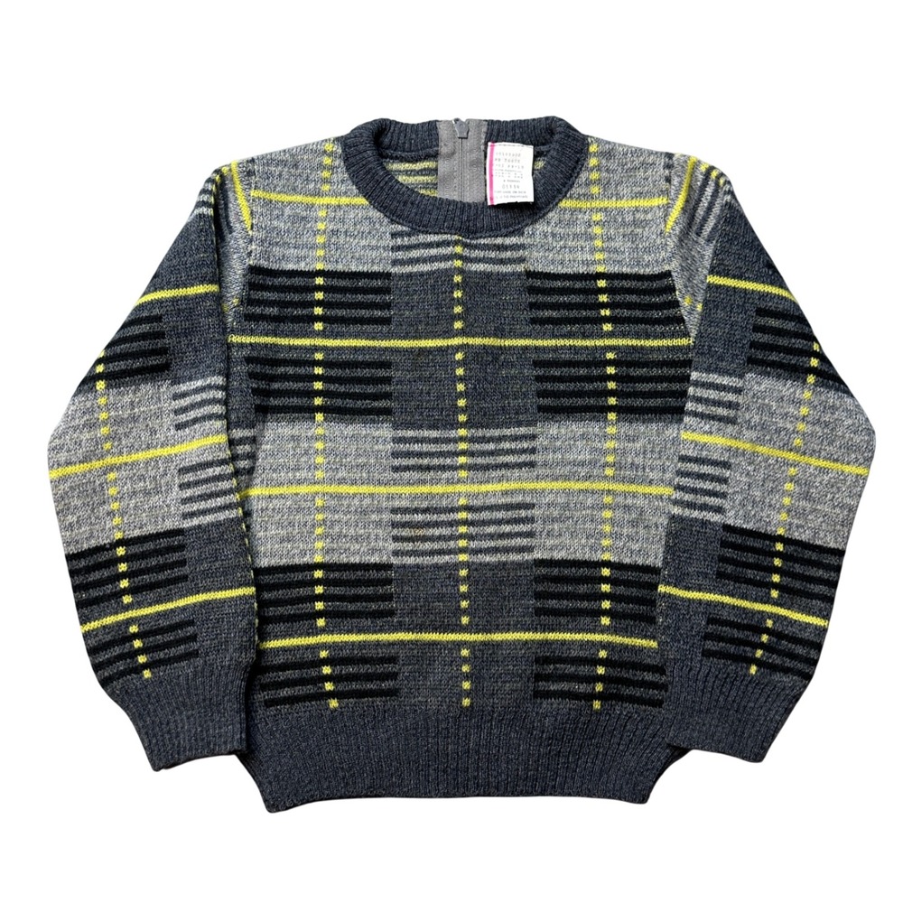 Vintage Sweater Kids 4T Grey Yellow Plaid Acrylic Knit‎ Back Zip Pullover Retro